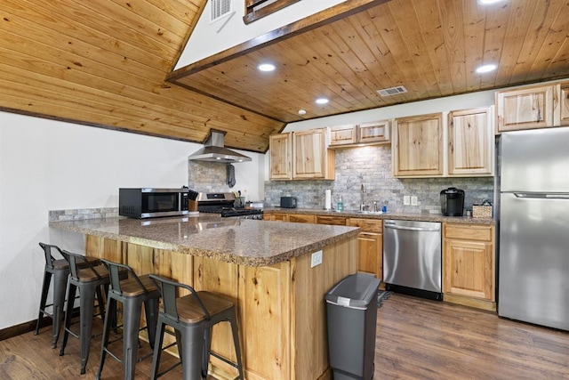 kitchen featuring stainless steel appliances, wall chimney range hood, decorative backsplash, and wooden ceiling