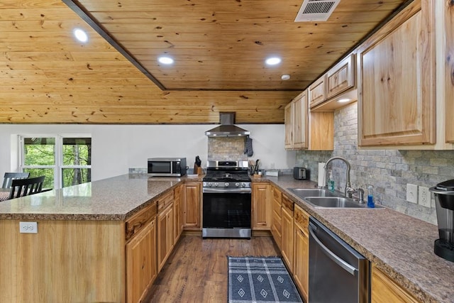 kitchen featuring sink, wood ceiling, stainless steel appliances, dark wood-type flooring, and wall chimney exhaust hood