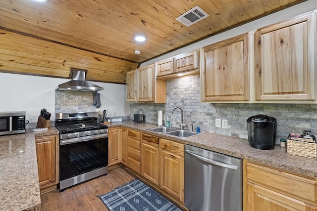 kitchen with wall chimney range hood, wood ceiling, sink, appliances with stainless steel finishes, and backsplash