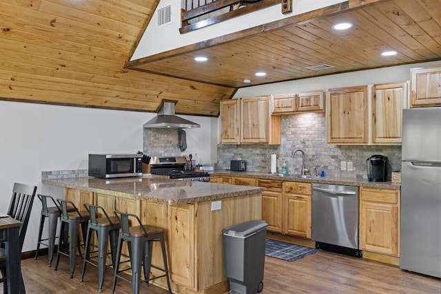 kitchen featuring appliances with stainless steel finishes, tasteful backsplash, sink, wall chimney range hood, and wooden ceiling