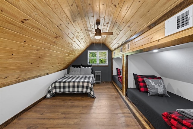 bedroom with vaulted ceiling, ceiling fan, hardwood / wood-style floors, and wooden ceiling