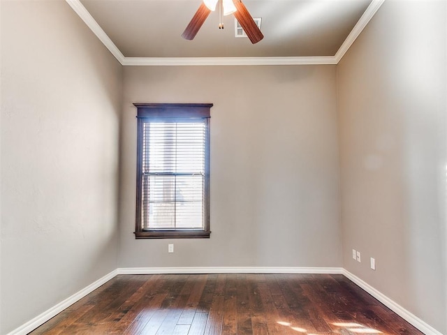 unfurnished room featuring crown molding, ceiling fan, and dark hardwood / wood-style floors