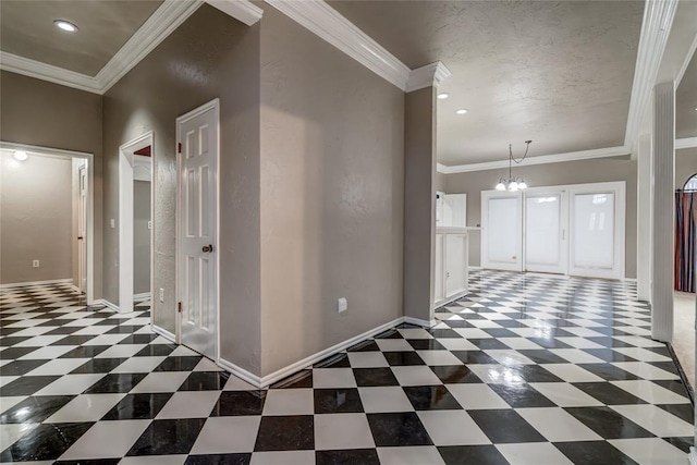 hallway with crown molding and a notable chandelier