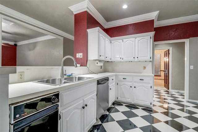 kitchen featuring stainless steel dishwasher, ornamental molding, sink, and white cabinets