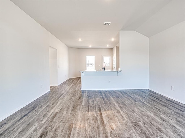 unfurnished living room featuring wood-type flooring and sink