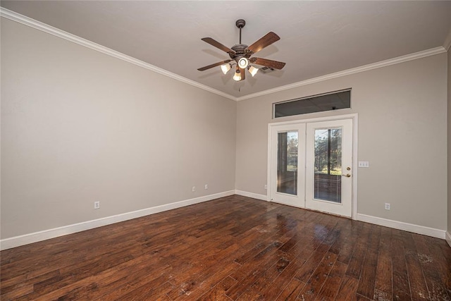 spare room with ornamental molding, dark hardwood / wood-style floors, and ceiling fan