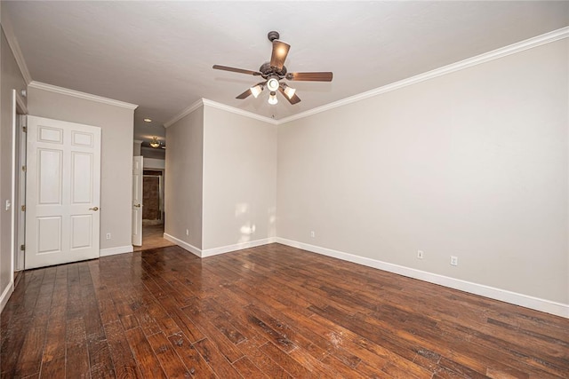 empty room with dark wood-type flooring, ceiling fan, and ornamental molding