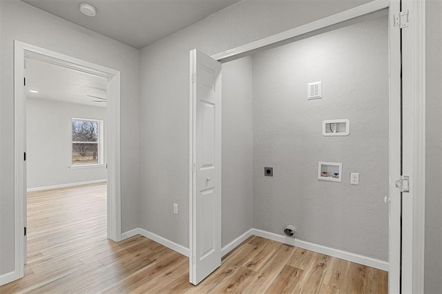 laundry room featuring washer hookup, hookup for an electric dryer, and light hardwood / wood-style flooring