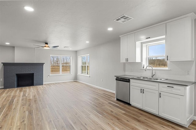 kitchen featuring white cabinetry, stainless steel dishwasher, sink, and a brick fireplace