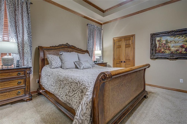 bedroom with ornamental molding and carpet