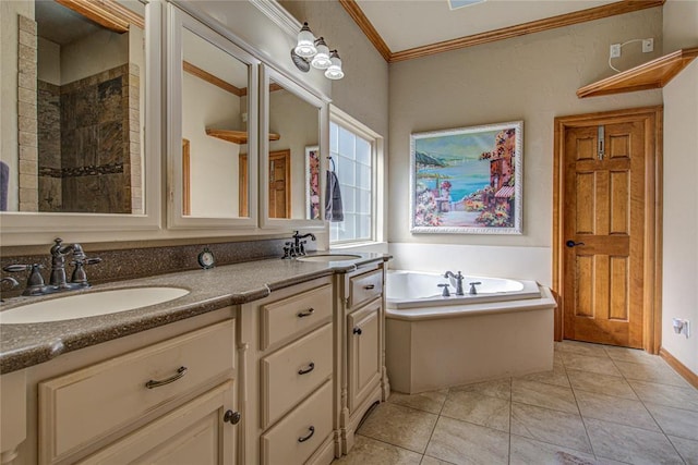 bathroom featuring a tub to relax in, ornamental molding, tile patterned flooring, and vanity