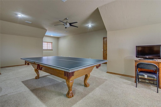 game room featuring ceiling fan and light carpet