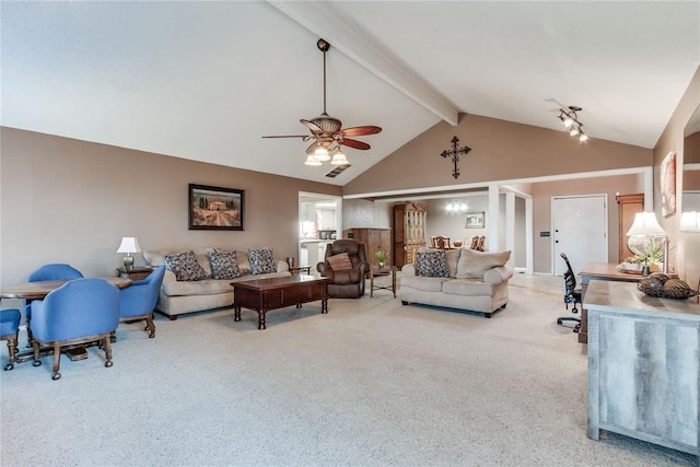 carpeted living room featuring ceiling fan, high vaulted ceiling, and beamed ceiling