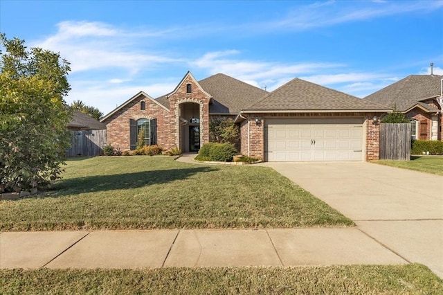 view of front of home with a garage and a front lawn