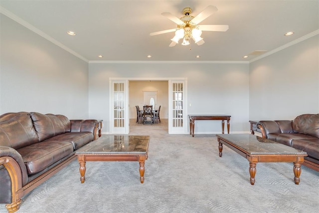414315 E 1080th Rd, Checotah, OK 74426 - living room with french doors, recessed lighting, carpet flooring, ceiling fan, and ornamental molding