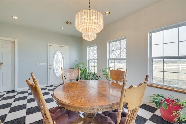 414315 E 1080th Rd, Checotah, OK 74426 - dining area with tile patterned floors, plenty of natural light, a chandelier, and recessed lighting