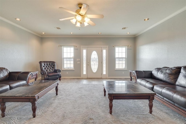 414315 E 1080th Rd, Checotah, OK 74426 - living area with plenty of natural light, ceiling fan, recessed lighting, carpet, and ornamental molding