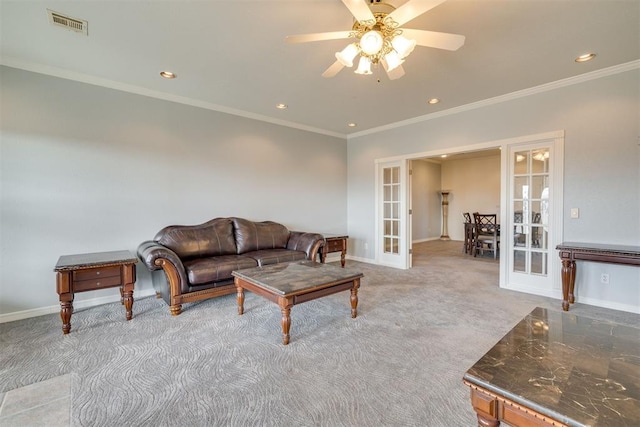 414315 E 1080th Rd, Checotah, OK 74426 - living area featuring french doors, ceiling fan, carpet, recessed lighting, and ornamental molding