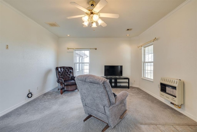 414315 E 1080th Rd, Checotah, OK 74426 - living room featuring heating unit, carpet floors, crown molding, and ceiling fan