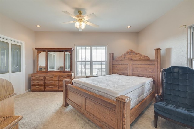 414315 E 1080th Rd, Checotah, OK 74426 - bedroom with light carpet, ceiling fan, and recessed lighting