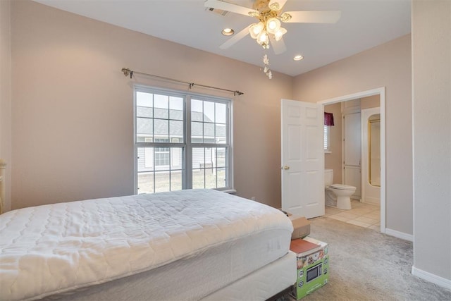 414315 E 1080th Rd, Checotah, OK 74426 - bedroom with carpet floors, ensuite bathroom, recessed lighting, and ceiling fan