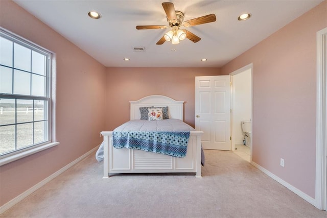 414315 E 1080th Rd, Checotah, OK 74426 - bedroom featuring light carpet, recessed lighting, and a ceiling fan