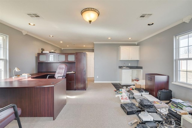 414315 E 1080th Rd, Checotah, OK 74426 - home office with light colored carpet, healthy amount of natural light, ornamental molding, and recessed lighting