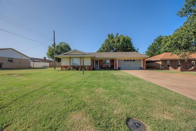 ranch-style house with a garage and a front lawn