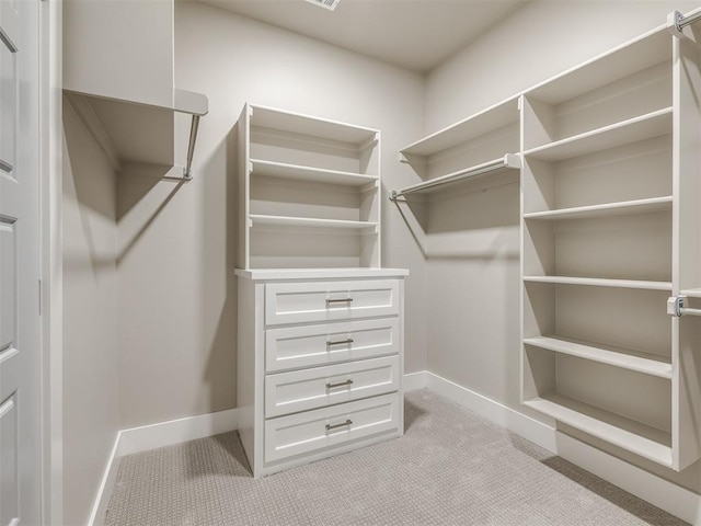 spacious closet featuring light colored carpet