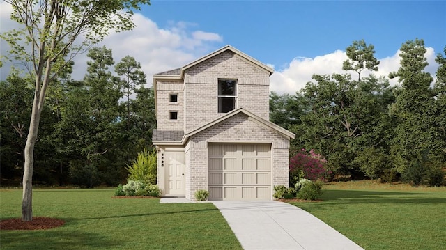 view of front facade with a garage and a front lawn