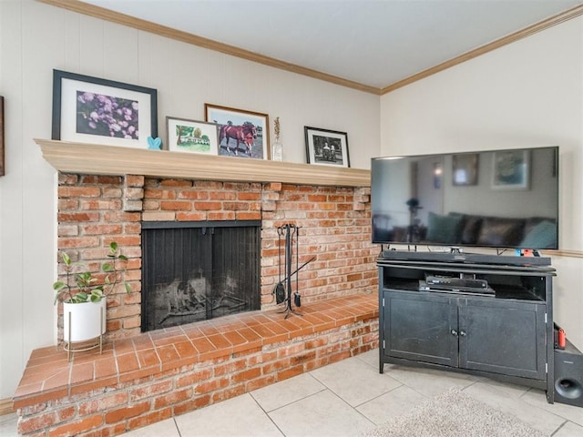 living room featuring light tile patterned floors, crown molding, and a fireplace