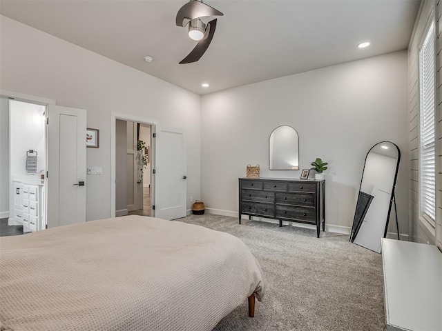 bedroom with ceiling fan and carpet flooring