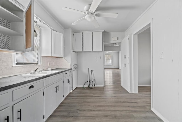 kitchen featuring sink, ceiling fan, white cabinetry, hardwood / wood-style floors, and backsplash