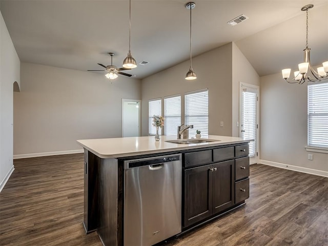 kitchen featuring sink, dishwasher, hanging light fixtures, an island with sink, and a healthy amount of sunlight