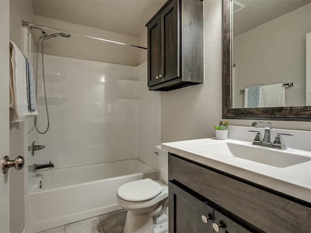 full bathroom featuring tile patterned floors, shower / washtub combination, toilet, and vanity