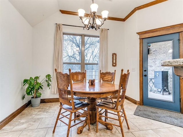 dining area with crown molding, light tile patterned flooring, vaulted ceiling, and a notable chandelier