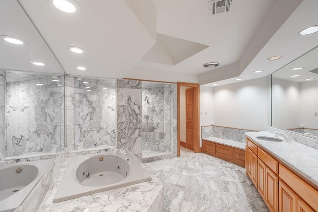 full bath featuring vanity, visible vents, marble finish floor, a marble finish shower, and a whirlpool tub