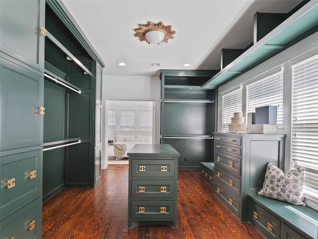 spacious closet with dark hardwood / wood-style flooring