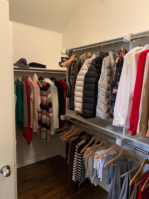 spacious closet with lofted ceiling and dark hardwood / wood-style flooring