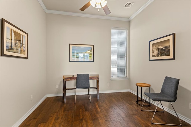 office area with ornamental molding, dark hardwood / wood-style floors, and ceiling fan