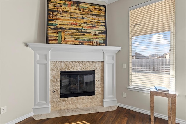 interior details with a premium fireplace, wood finished floors, and baseboards