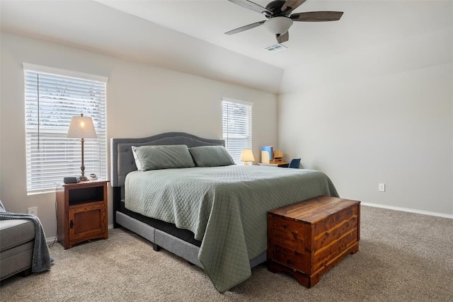 carpeted bedroom featuring ceiling fan and lofted ceiling