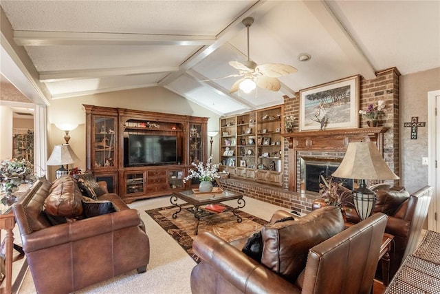 carpeted living room with a brick fireplace, built in shelves, lofted ceiling with beams, and ceiling fan