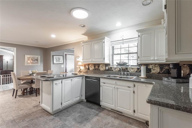 kitchen featuring white cabinetry, dishwasher, and kitchen peninsula