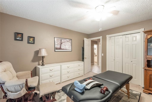 sitting room with light carpet and a textured ceiling