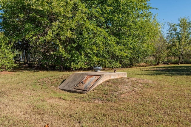 view of storm shelter with a lawn