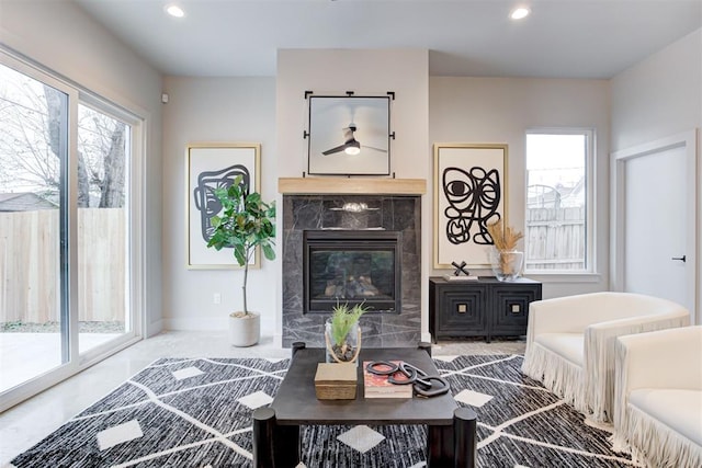 living room featuring a premium fireplace