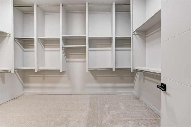 walk in closet featuring light colored carpet