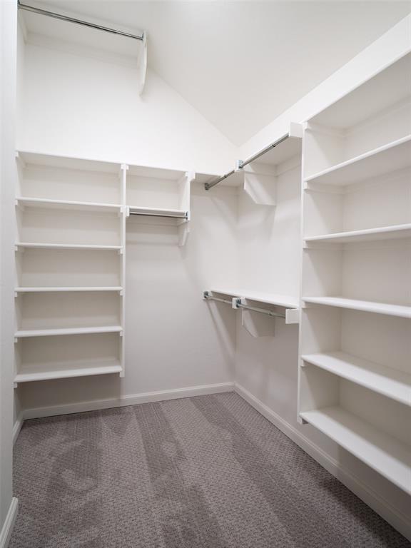 walk in closet with lofted ceiling and carpet floors