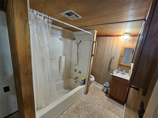 full bathroom with shower / tub combo with curtain, vanity, wood ceiling, and wood walls